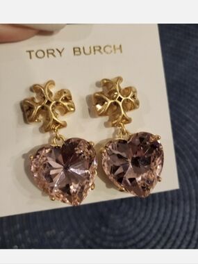 Tory Burch Gold Drop Earrings with Light PinkHeart Crystals
